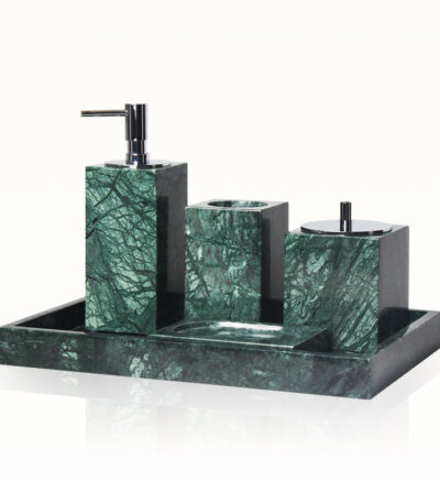 green marble bathroom set, resin bathroom accessories, 5-piece bath set, luxe bathroom decor, chrome resin soap pump, Contistar Home