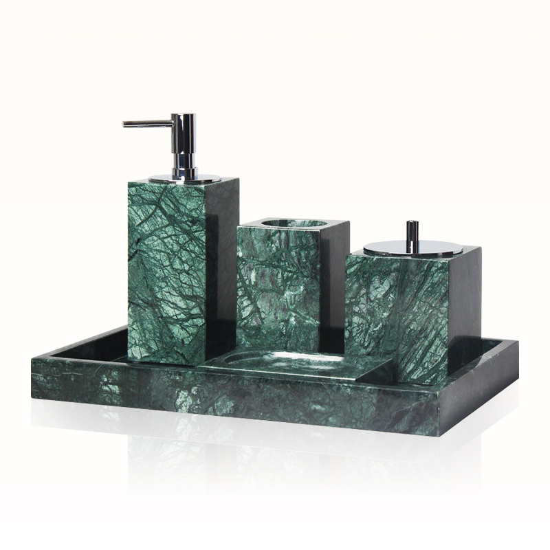 green marble bathroom set, resin bathroom accessories, 5-piece bath set, luxe bathroom decor, chrome resin soap pump, Contistar Home