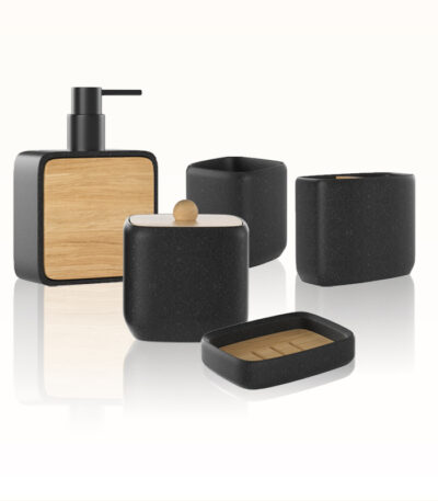 matte black bathroom set, modern resin accessories, japandi bathroom decor, resin and wood bathroom set, noirwood set, Contistar Home